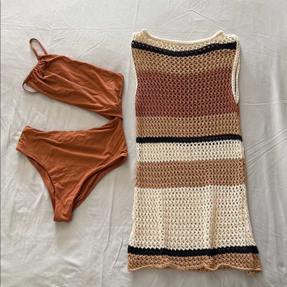 H&M Rust Colored One Piece Swimsuit and matching cream, rust & black . Sz.M